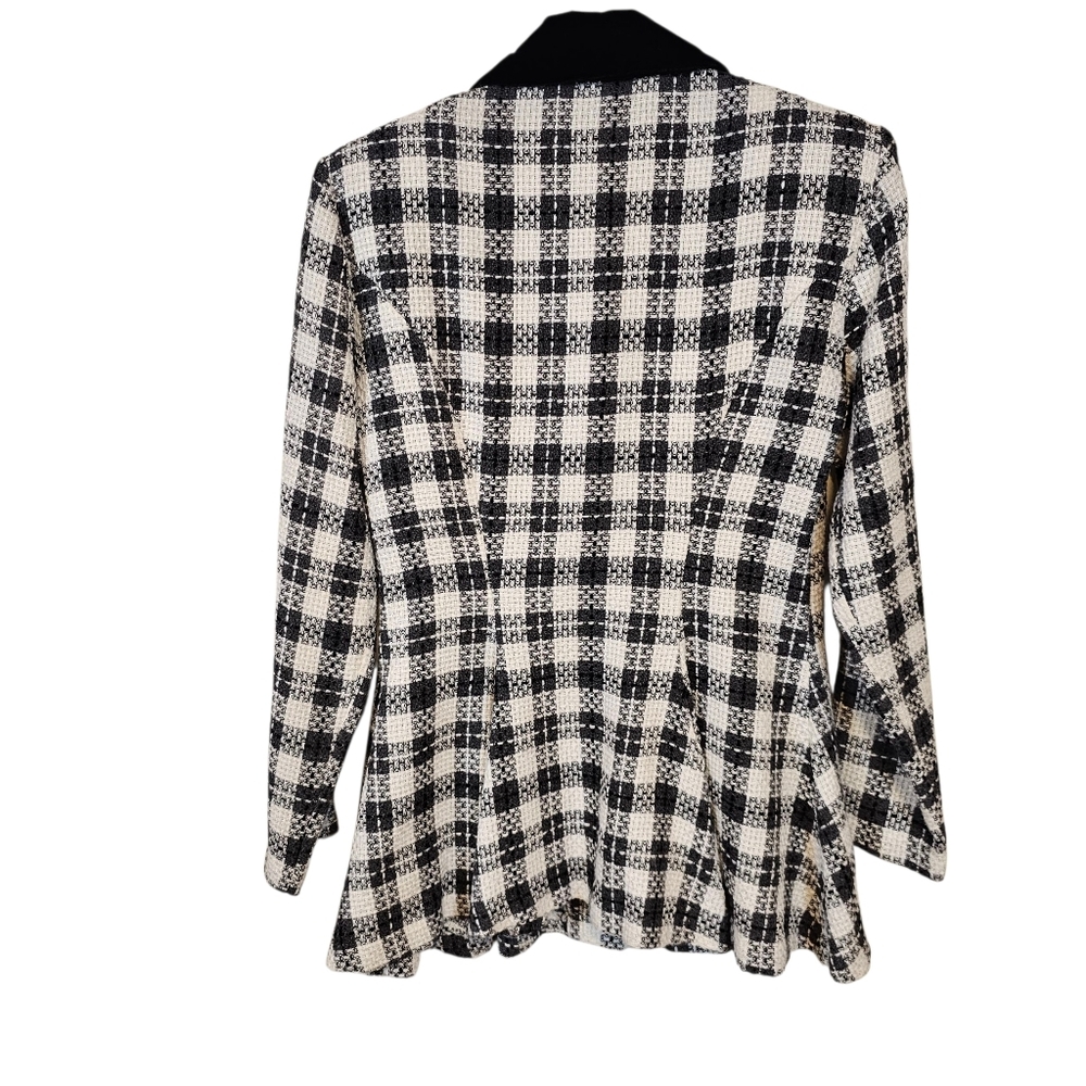 Vintage Tweed Knit Plaid Velvet Checkered Button Down Peplum Blazor Skirt Set - Picture 3 of 16